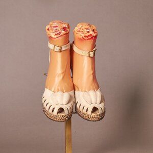 1940s Cream Suede Peep Toe Heels With Rainbow Studded Platform